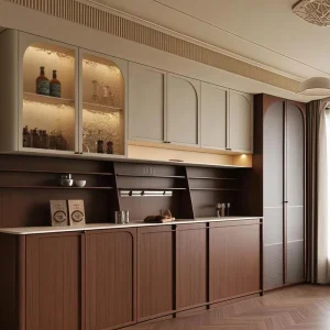 Modern Luxury Solid Wood Oak L Shape Sideboard Cabinet LED Light Display Doors Coffee Bar Dining Room Storage Buffet Furniture