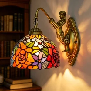 Modern Luxury Stained Glass Mermaid Wall Lamp Vintage Mosaic Floral LED Sconce Light Antique Brass for Villa Bedroom Bedside
