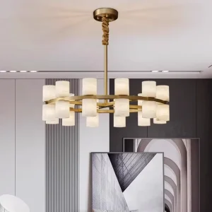 Modern Marble LED Pendant Lamp Chandelier Remote Control Adjustable Height Luxury Hanging Light for Living Room Home Decoration