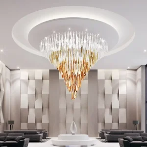 Modern Massive Triangle Glass Luxury Gold Staircase Chandelier Hotel Ceiling Inverted Triangle Hanging Light