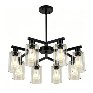 Modern Matte Black Multi Head Glass Chandelier Nordic Simple 8 Light Clear Glass Pendant Light for Dining Room Kitchen