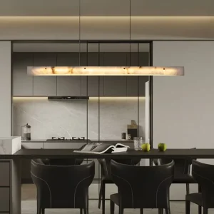 Modern Minimalist All Copper Marble Alabaster Linear Chandelier for Dining Table Bar Decorative Pendant Lights Adjustable height