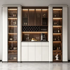 Modern Minimalist Solid Oak Wood LED Wine Cabinet Home Bar Sideboard Wine Rack Coffee Station Storage 10-24 Stemware Capacity