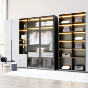 Modern Modular Hotel Wardrobe With Plywood Doors LED Light 2 Drawers Eco Friendly Assembled Bedroom Storage