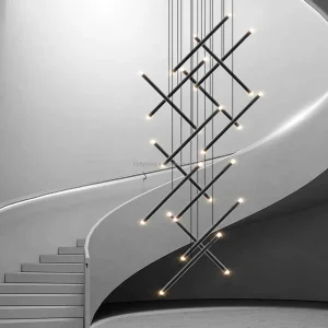 Modern Multi Tier Cross Hanging Long Metal Tube LED Chandelier for High Ceiling & Staircase