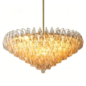 Modern Multi Tier with Steel Glass Chandelier Brass Luxury Round Pendant Light for Living Room Dining Room Home Decor