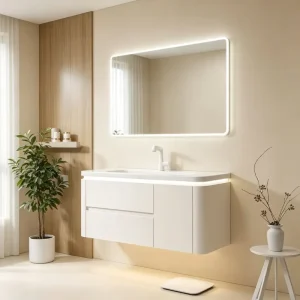 Modern Multi layer Solid Wood Bathroom Vanity With Sintered Stone Top Waterproof Wooden Bathroom Cabinet