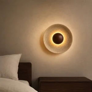Modern Natural Travertine Wall Lamp Wabi Sabi LED Stone Sconce 5W 3000K Hardwired Wood Ball Bedside Light for Hotel Living Room
