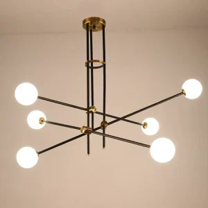 Modern Nordic Chandelier White Glass LED Pendant Light Black Iron Frame 6000K Daylight Anti Glare for Dining Living
