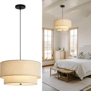 Modern Nordic Fabric Drum Pendant Light Adjustable Height Minimalist Layered Linen Chandelier Hanging Lamp for Bedroom Kitchen