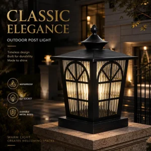 Modern Outdoor Post Cap Light with Decorative Arched Window Frame and Reeded Glass