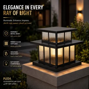 Modern Outdoor Post Cap Light with Double Tier Roof and Layered Ribbed Glass