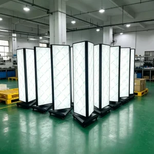 Modern Professional 3 Sided Rotating Light Box Floor Standing LED Poster Stand for Hotel Lobby and Airport Terminal