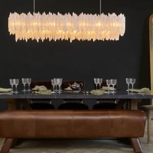 Modern Quartz Chandelier White Frame Adjustable Height Luxury Linear Pendant Light LED Dimmable for Dining Room