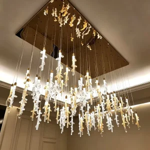 Modern Rectangle Crystal Gold Adjustable Height Decorative Chandelier Pendant Light for Hotel Villa Project Living Room