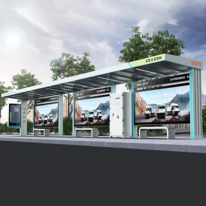 Modern Rectangle LED Aluminum Steel Bus Stop Shelter with Bench Light Box Advertising Custom made Design Waterproof Durable
