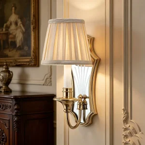 Modern Refined Brass Wall Sconce Mirror Backplate Fabric Shade Wall Lamp Elegant 1/2-Light Fixture for Bedroom Living Room