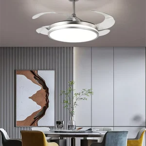 Modern Retractable Ceiling Fan Light 3 Color Changing LED Silent DC Motor Invisible Blades Dining Room Decor Fan Chandelier