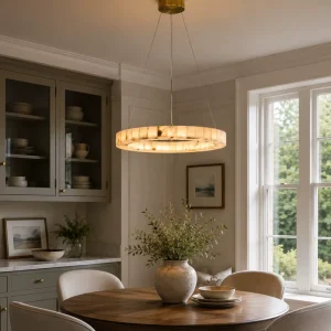 Modern Round Alabaster Stone Chandelier LED Suspension Light Brass Finish Indoor Dining Pendant Lamp