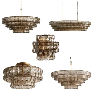 Modern Round Chandelier Tiered Textured Smoke Glass Tiles Metal Frame Adjustable Height Brass Black Finish