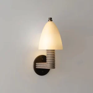 Modern Rustic Wood Wall Sconce Frosted Glass Shade Natural Wooden Ribbed Arm LED E26 Wall Lamp Bedroom Living Room Hallway