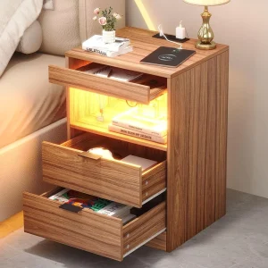 Modern Simple 3 Drawer Bedroom Bedside Table with LED Charging Station Wood Panel Nightstand with Light