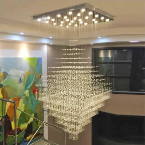 Modern Simple Double Staircase Crystal Chandelier Adjustable Height Long Crystal Bead Pendant Lamps for Hotel Use LED
