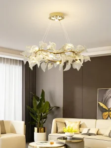 Modern Simple Gold Leaf Glass LED Chandelier with Aluminum Frame Dimmable Pendant Light for Home Hotel Decoration