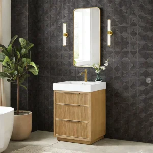 Modern Solid Wood Floating Vanity Bathroom Storage Marble Top Ceramic Basin Water Resistant Mirror