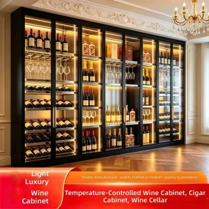 Modern Stainless Steel & Solid Oak Wine Cellar Cabinet with Lockable Glass Doors LED Lighting 50 119 Bottle Capacity