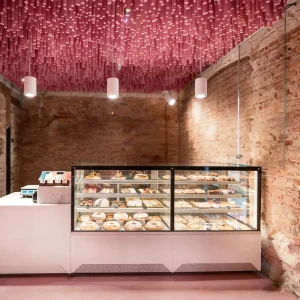 Modern Style Bar and Café Dessert Shop Pink Solid Wood Factory-customized Display Cabinet