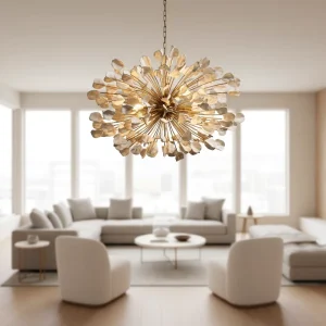Modern Style Iron Brass Middle Hotel Branch Chandelier Luxury Ceramic Flower Petal Pendant Light for Dining Room Living Room