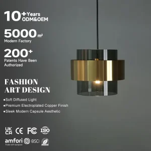 Modern Style LED Cylinder Lamp Bronze Gray Glass with Metal Ce Approved for Park Restaurant Brass Pendant Light
