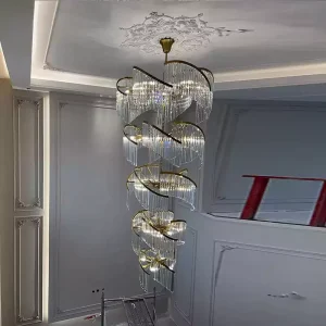 Modern Style Long Custom Luxury Decoration Hotel Lobby Staircase Hanging Crystal Ring LED Chandeliers