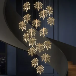 Modern Style Small Acrylic Pendant Light Chandelier with Iron Maple Leaf Design for Living Room or Bedroom Hanging Installation