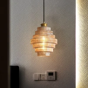 Modern Tiered Ribbed Glass Pendant Light Luxury Brass Chandelier for Hotel Project & Restaurant Customization