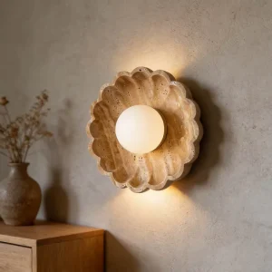Modern Travertine Flower Wall Lamp Natural Stone Glass Wall Sconce LED Indoor Lighting for Bedroom Living Room Hotel