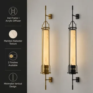 Modern Vertical Linear Wall Sconce Marbled Alabaster Texture Sconce Iron Frame Acrylic LED Wall Lamp for Villa