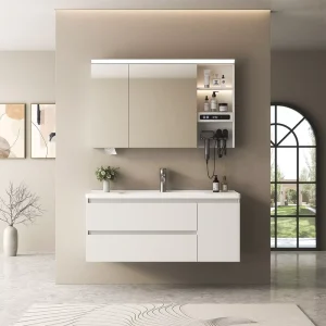 Modern Wall Mounted Vanity with Smart Mirror and Integrated Ceramic Basin Sleek Cream Finish for Contemporary Bathrooms