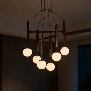 Modern Wood Frame Chandelier 6 Globe LED Pendant Light Adjustable Height Ceiling Lighting Fixture for Living Room Dining Room