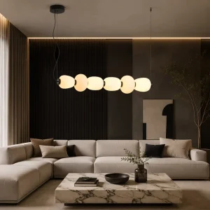 Monolithic Organic Pebble Linear Pendant Light White Opal Glass Matte Black Frame Modern Japandi Bespoke Stately Noble Artwork
