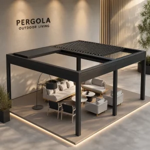Motorized Louvered Pergola Adjustable Roof Remote Control Outdoor Restaurant Terrace LED Light Waterproof