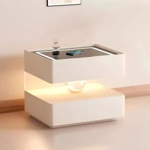 Multi Functional LED Fingerprint Sensor Double Layer Drawer Solid Wood Wireless Charging Smart Bedside Cabinet
