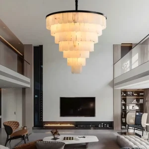 Multi-Tier Oval Art Decor Natural Alabaster Chandelier Stainless Steel Modern LED Pendant Light for Villa Duplex Living Decor