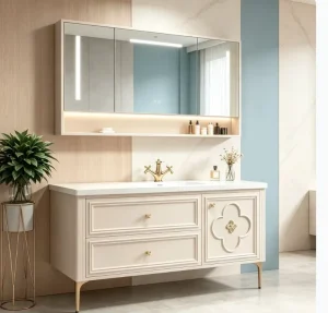 Multi-layer Solid Wood Bathroom Vanity with Storage Drawers Moistureproof Wooden Cabinet OEM ODM
