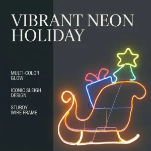 Multicolor 2D LED Neon Christmas Sleigh Motif Light with Gift Box Star Tree Metal Stand for Indoor Outdoor Holiday Decor