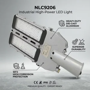 NLC9206 LED Street Light High Intensity IP66 Rated 6000K Daylight Alloy Construction Pole Mounted for Street Use 3-Year
