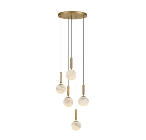 Natural Alabaster 5 Heads Staggered Long Pendant Light Incandescent CRI 90 50000 Hours Lifespan Brass Metal Hanging Ceiling Lamp