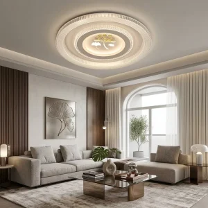 Natural Ceiling Light with Artistic Leaf Centerpiece and Layered Circular Rings for Contemporary Living Room Lighting