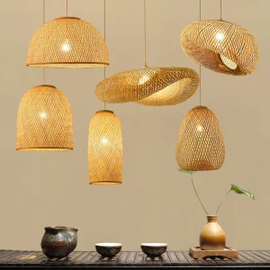 Natural Rattan Hanging Lamp Handwoven Rattan Lampshade Wicker Candle Lampshade